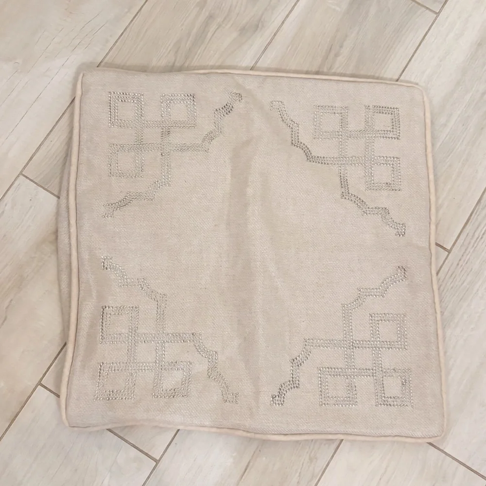 MICHELLE HATCH Beige Studded Embellished Square Linen Blend Pillow Cover 20”X20”